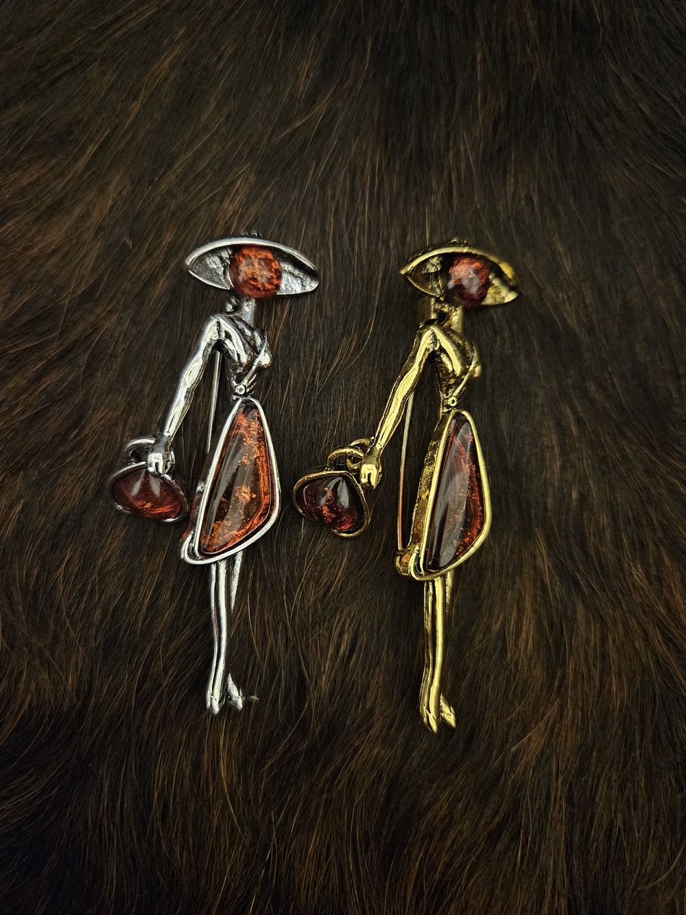 Elegant Amber Accent Woman Brooch Pin - Gold and Silver
